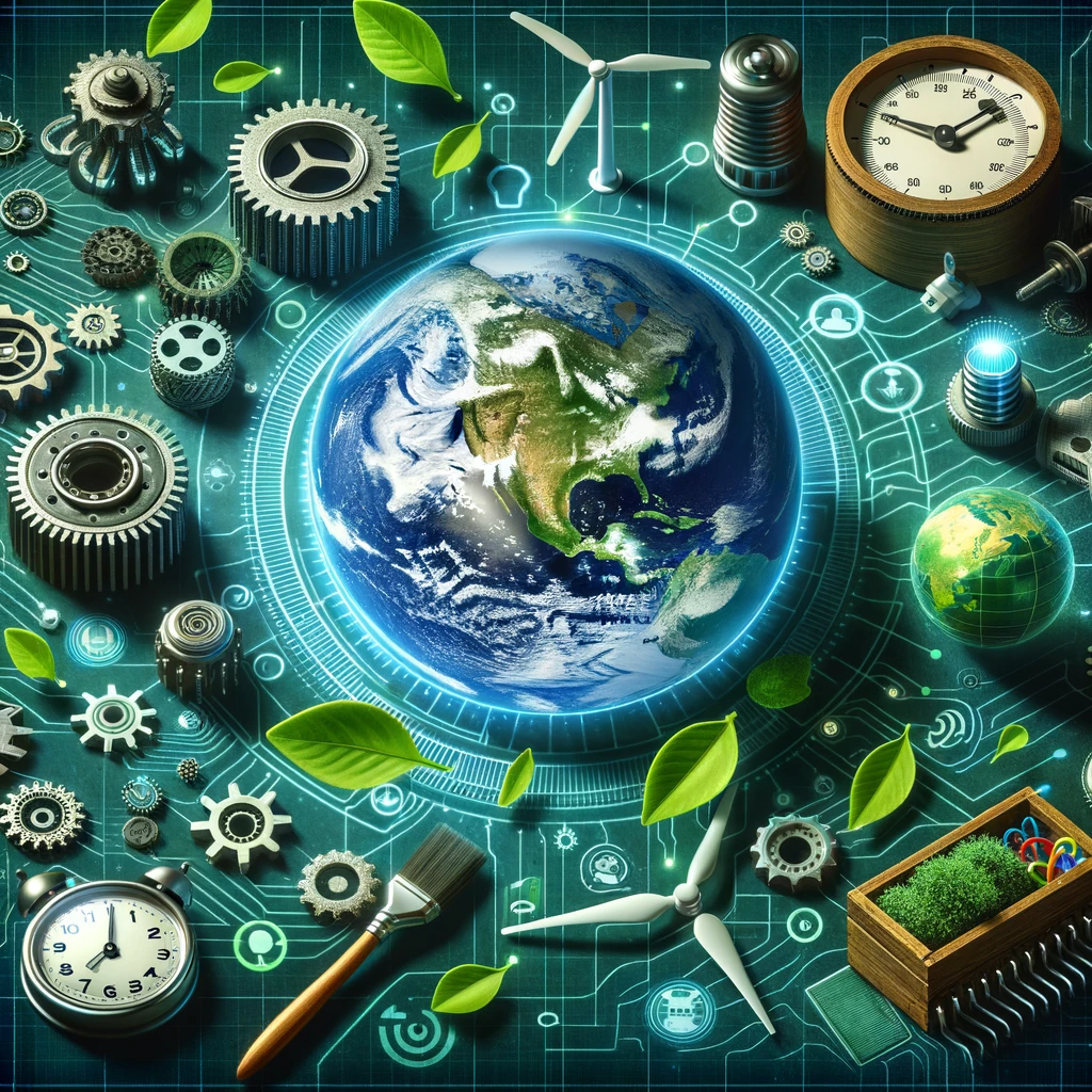 DALL·E 2023 10 26 10.39.40 Fotorrealista imagen que representa la era digital y sostenible con elementos como engranajes un planeta verde y conexiones digitales