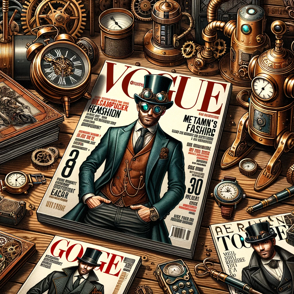DALL·E 2023 10 30 10.17.20 Illustration of a steampunk setting showcasing various vintage and futuristic male fashion magazines scattered on a wooden table. The central magazine