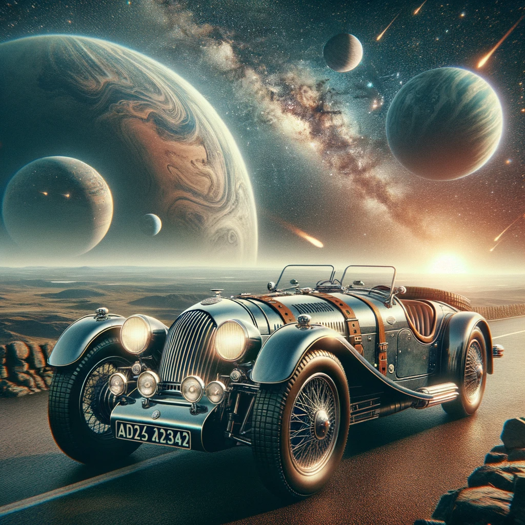 DALL·E 2023 10 31 11.00.45 Foto realista de un auto Morgan Motor Company con un diseno retro futurista volando sobre un paisaje galactico con planetas y estrellas en el fondo.