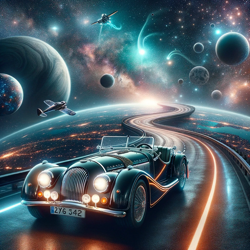 DALL·E 2023 10 31 11.00.46 Foto realista que muestra una carretera galactica serpenteando entre varios planetas y un auto Morgan Motor Company con un estilo retro futurista via