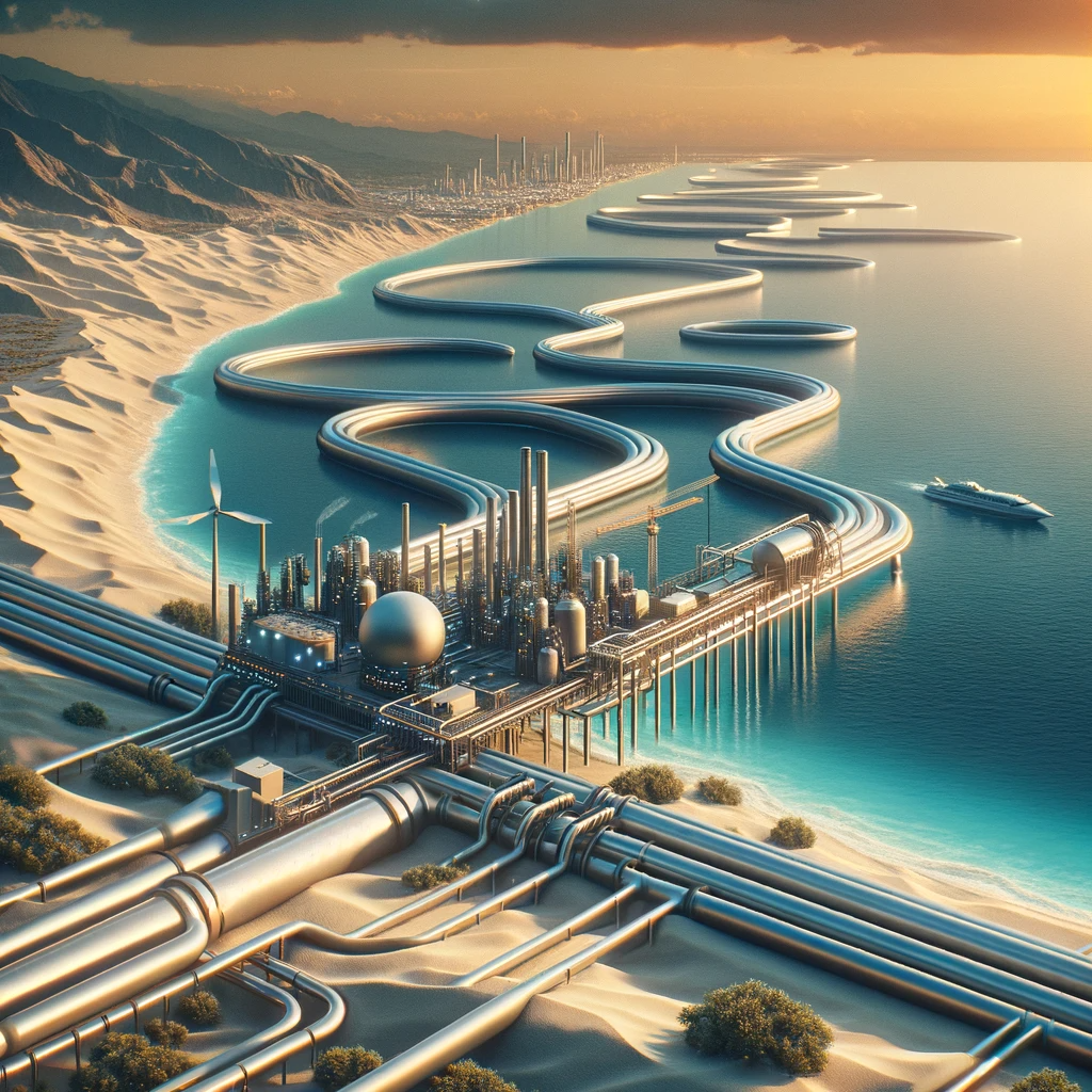 DALL·E 2023 11 09 13.59.57 Create a photorealistic minimalist 3D retro futuristic image depicting a complex of pipelines running from a desalination plant on the beaches of M